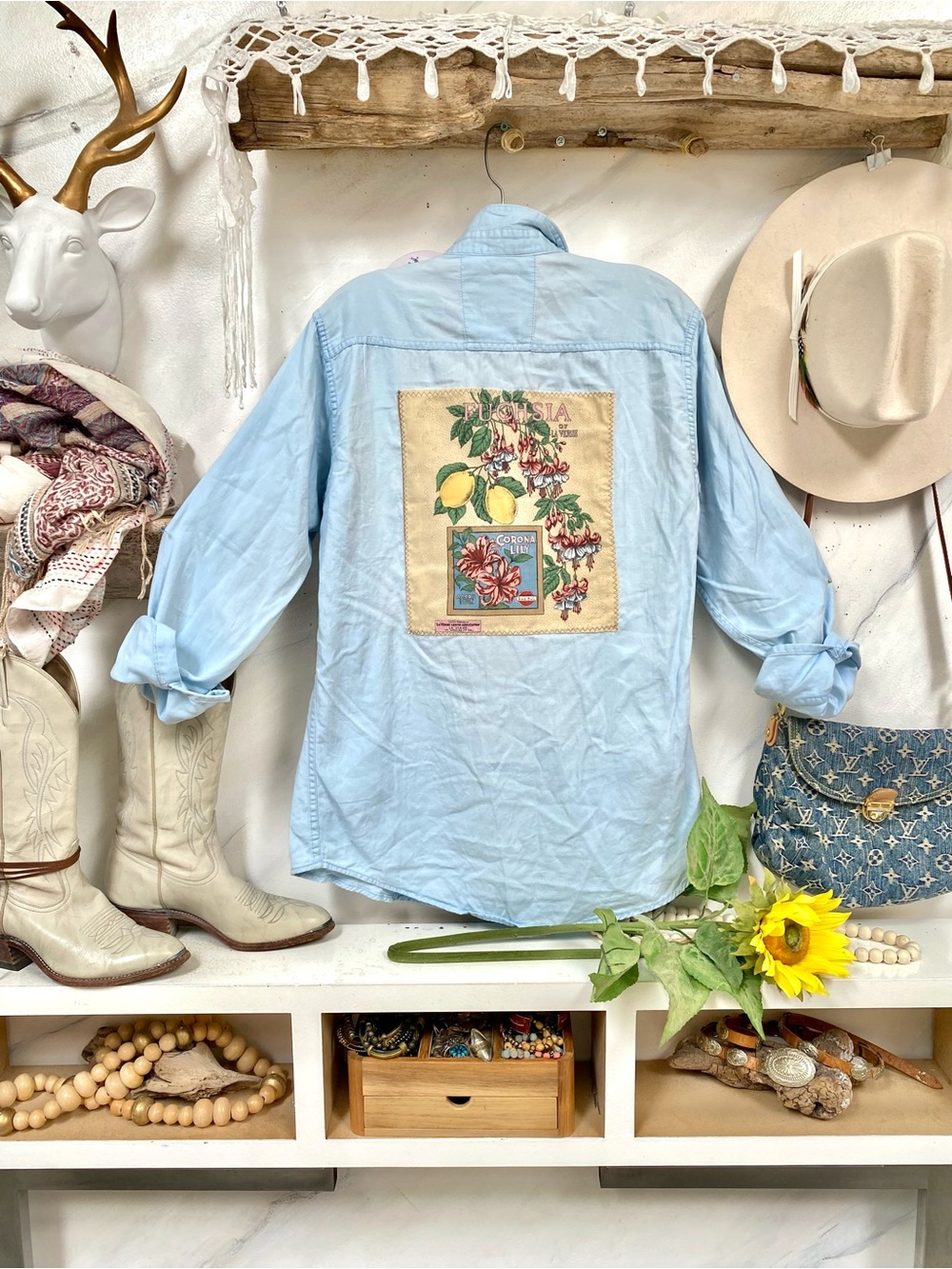Upcycled botanical citrus fruit floral boho back detailing buttoned down shirt